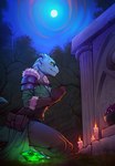 clothed clothing female glowing green_eyes horn light moon moonlight praying solo tail glacierclear urza_(the7thprimarch) kobold scalie 2024 absurd_res hi_res