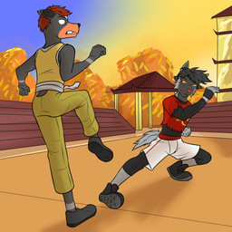 action_pose anthro anthrofied bottomwear clothed clothing duo footwear fully_clothed male pants pokemorph pose shirt shoes shorts sunset t-shirt tank_top tight_clothing tight_shirt tight_topwear topwear torn_clothing undershirt fuze nintendo pokemon damien_(fuze) pawl_(fuze) generation_2_pokemon generation_3_pokemon houndour pokemon_(species) poochyena 1:1 hi_res