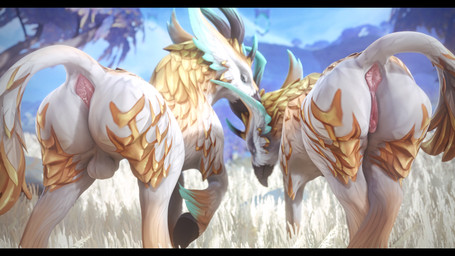 animal_genitalia anus backsack balls butt duo female feral genitals hooves horn male presenting presenting_hindquarters puffy_anus raised_tail sheath tail vulva blizzard_entertainment mythology warcraft avian cervine deer gryphon mammal mythological_avian mythological_creature 3d_(artwork) absurd_res digital_media_(artwork) hi_res