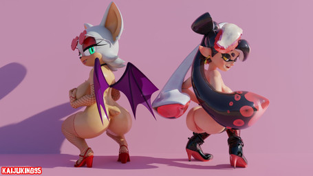 anthro armwear big_breasts big_butt breasts butt choker clothing duo ear_piercing eyewear female fishnet_armwear fishnet_clothing fishnet_legwear jewelry legwear mostly_nude necklace piercing sunglasses kaijuking95 nottanj_(modeler) nintendo sega sonic_the_hedgehog_(series) splatoon callie_(splatoon) rouge_the_bat aquatic bat cephalopod humanoid inkling mammal mollusk 3d_(artwork) digital_media_(artwork) hi_res