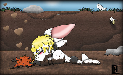anthro blonde_hair dirty duo femboy fur hair heart_symbol kissing male male/male mud nature outside sex white_body white_fur charliebnnuy felid feline lagomorph leporid mammal rabbit hi_res
