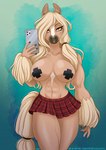 abs anthro arm_tuft big_breasts blonde_hair bottomwear breasts brown_body brown_fur cellphone clothed clothing electronics eyelashes feathering female fur hair hair_over_eye looking_at_viewer muscular muscular_anthro muscular_female muscular_thighs one_eye_obstructed pasties phone skirt skirt_only smartphone smile solo standing three-quarter_view topless tuft wrist_tuft yellow_eyes nim-nim scarlett_(elusivejackal) equid equine horse mammal digital_media_(artwork) shaded