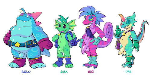anthro balls belly belt clothing flaccid foreskin frill_(anatomy) fupa genitals gloves green_body grin group handwear horn male membrane_(anatomy) membranous_frill messenger_bag mostly_nude navel overweight overweight_anthro overweight_male penis pink_body slightly_chubby smile tderek99 anglerfish chameleon fish lizard marine reptile scalie