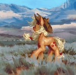blonde_hair blue_sky bound clothing cowboy_hat cutie_mark day female feral fur grass hair hat headgear headwear long_hair mountain orange_body orange_fur outside plant sky solo tail tail_tied tied_hair wind yellow_tail p0nyplanet friendship_is_magic hasbro my_little_pony applejack_(mlp) earth_pony equid equine horse mammal pony digital_drawing_(artwork) digital_media_(artwork) hi_res watermark