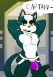 anthro avocato bulge clothed clothing dialogue english_text felid feline final_space fizzyjay hi_res male mammal muscular muscular_anthro muscular_male solo text topless underwear ventrexian