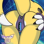 anthro bikini bikini_bottom butt butt_grab clothing female hand_on_butt looking_at_viewer looking_back qr_code raised_tail solo swimwear tail two-piece_swimsuit usb_port albinoraynedeer bandai_namco digimon canid digimon_(species) mammal renamon 1:1 hi_res