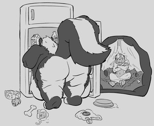 anthro appliance belly beverage_can big_belly big_butt big_tail bone butt container duo food food_in_stomach fridge internal kitchen_appliance male male/male milk_container obese obese_anthro obese_male oral_vore overweight overweight_anthro overweight_male presenting presenting_hindquarters tail takeout_box vore nommsalotl haplorhine macaque mammal mephitid monkey old_world_monkey primate skunk hi_res monochrome