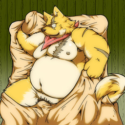 anthro bedding belly blanket kemono lying male moobs nipples obese obese_anthro obese_male overweight overweight_anthro overweight_male pubes scar solo suishou0602 canid canine canis domestic_dog mammal 1:1 2015