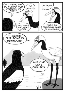 black_body black_feathers dialogue duo evergreen_tree feathers female feral grass outside pine_tree plant simple_background speech_bubble text tree white_body white_feathers comixqueen akiko_(comixqueen) isuzu_(comixqueen) accipitrid accipitriform avian bird crane_(bird) eagle gruiform grus_(genus) red-crowned_crane sea_eagle steller's_sea_eagle 2025 black_and_white comic english_text hi_res monochrome female_(lore)
