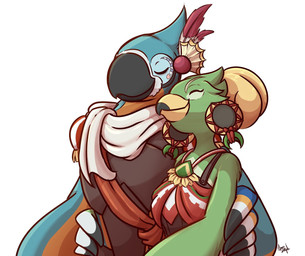 affectionate anthro anthro_on_anthro arms_around_back arms_around_waist canon_couple clothing ear_piercing ear_ring eyes_closed female happy holding_each_other husband_and_wife larger_male love male male/female married_couple piercing ring_piercing romantic romantic_ambiance romantic_couple scarf size_difference smaller_female smile smiling_at_another smiling_at_each_other azen_(artist) azenzeph breath_of_the_wild nintendo the_legend_of_zelda amali_(tloz) kass_(tloz) avian rito 2019 hi_res