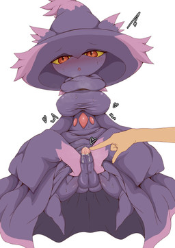 ambiguous_gender balls blush bodily_fluids breasts clothed clothing disembodied_hand duo genital_fluids genitals gynomorph gynomorph/ambiguous hat headgear headwear heart_symbol humanoid_genitalia humanoid_penis intersex intersex/ambiguous non-mammal_breasts not_furry penis precum purple_body red_eyes simple_background smile solo_focus steam sweat sweatdrop sweaty_genitalia white_background yellow_sclera yamaraim nintendo pokemon generation_4_pokemon ghost human humanoid mammal mismagius pokemon_(species) spirit absurd_res censored digital_media_(artwork) hi_res