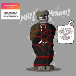 accessory anthro bdsm bondage bound clothing duct_tape gag gagged male necktie restraints rope rope_bondage simple_background solo suit tail tape text mrpawpaw disney ngl the_jungle_book baloo bear mammal 1:1 digital_media_(artwork) english_text hi_res