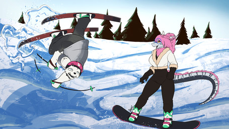 anthro armor blue_eyes bodysuit clothing duo falling falling_over female fur hair headgear helmet hillside male orange_eyes pink_hair ski ski_boots ski_pole skinsuit snow snowboard tight_clothing white_body white_fur winter_clothing feretta mythology alyen_mewhitich korrin_delmire bear ceridrak dragon mammal mythological_creature mythological_scalie polar_bear scalie ursine 16:9 hi_res widescreen