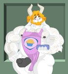 anthro apron balls beard biceps big_penis black_penis blonde_hair body_hair chest_hair clothing erection facial_hair genitals hair hairy horn long_ears male muscular muscular_anthro muscular_male nipples pecs penis solo white_body mc_morrales undertale_(series) asgore_dreemurr bovid bovine caprine goat mammal hi_res