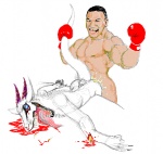 ambiguous_gender anthro blood bodily_fluids boxing death duo from_behind_position gold_(metal) gold_tooth gore gore_focus human_on_anthro interspecies male male/ambiguous nude open_mouth sex simple_background sport tail violence what white_background unknown_artist mike_tyson human mammal synx