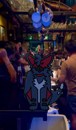 alcohol beady_eyes beak beer beverage blue_body blue_fur collar container cup feral fur hair membrane_(anatomy) membranous_wings real red_body red_fur red_wings solo tail tongue wings ruionrollers capcom monster_hunter real_world rui_shirocuga flying_wyvern human mammal monster nargacuga digital_drawing_(artwork) digital_media_(artwork) draw_over mixed_media photography_(artwork)