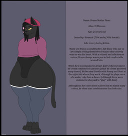 anthro black_body black_hair bulge clothed clothing dreadlocks femboy hair hands_behind_back hat headgear headwear huge_hips huge_thighs information_box legwear male simple_background solo text thick_thighs tight_clothing wide_hips yellow_eyes photolol.03 bruno_(photolol.03) domestic_cat felid feline felis mammal 2026 absurd_res digital_media_(artwork) english_text flat_colors hi_res