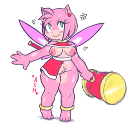 anklet anthro barefoot blush breasts ear_piercing ear_ring feet female flower genitals green_eyes hammer heart_symbol jewelry necklace nipples piercing pink_body pink_nipples plant ring_piercing smile solo tools vulva wings ashthenightt sega sonic_the_hedgehog_(series) amy_rose eulipotyphlan fairy hedgehog mammal hi_res