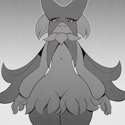 :3 ambiguous_anthro ambiguous_gender anthro cape clothing eyelashes fangs leg_tuft looking_at_viewer looking_down looking_down_at_viewer low-angle_view mask pseudo_clothing pupils slit_pupils small_waist solo teeth thick_thighs thigh_tuft tuft wide_hips cutegraphite nintendo pokemon generation_9_pokemon meowscarada pokemon_(species) 1:1 2026 digital_drawing_(artwork) digital_media_(artwork) hi_res monochrome