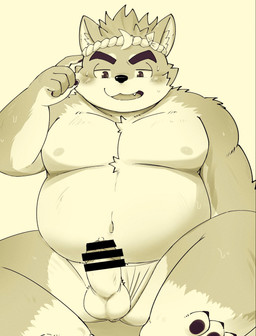 accessory anthro asian_clothing balls blush bodily_fluids clothing clothing_aside east_asian_clothing embarrassed erection eyebrows fundoshi fundoshi_aside genital_fluids genitals headband japanese_clothing male musclegut muscular navel nipples pecs penis precum sitting solo sweat thick_eyebrows underwear underwear_aside zuboboz tamacolle musashi_(tamacolle) canid canine canis domestic_dog mammal shiba_inu spitz hi_res