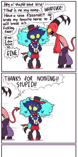 5_panel_comic aged_down angry anthro blue_body blue_clothing blue_feathers blue_shirt blue_topwear bodily_fluids bottomwear chest_tuft clothing cross-popping_vein dialogue ellipsis empty_eyes feather_hair feathers fluffy fluffy_chest forehead_tattoo gasp gasping_for_air green_eyes group hand_on_hip hat headgear headwear hiding horn male pink_clothing pink_shirt pink_topwear pseudo_hair red_body red_bottomwear red_clothing red_eyes red_shorts red_skin shirt shorts simple_background sleeveless_shirt small_hands smile smirk spade_tail striped_horn stripes suspenders sweat tail tail_feathers text top_hat topwear trio tuft white_background yelling_at_another yellow_sclera young norithelord hellaverse helluva_boss asmodeus_(helluva_boss) blitzo_(helluva_boss) fizzarolli_(helluva_boss) avian avian_demon bird demon galliform humanoid imp phasianid 2022 absurd_res artist_name comic english_text hi_res long_image tall_image watermark