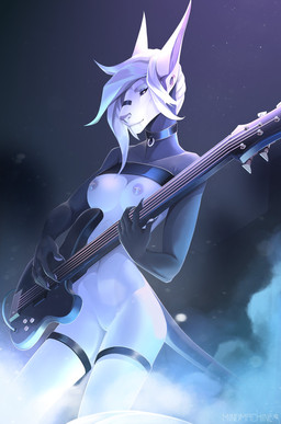 5_fingers anthro areola bass_guitar breasts clothed clothing collar ear_piercing eyebrows eyelashes female fingers flesh_tunnel gauged_ear genitals guitar hair musical_instrument nipple_piercing nipples piercing plucked_string_instrument smile solo string_instrument tail vulva white_hair mindmachine renu canid canine canis hybrid jackal jacktor mammal 2022 digital_media_(artwork) hi_res
