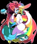 alpha_channel anthro ashiji ashiji_(character) big_ears blue_eyes blue_tongue breasts butt digital_media_(artwork) female hair heart_symbol horn looking_at_viewer multicolored_hair nude pawpads paws rainbow rainbow_hair rainbow_theme shaded side_boob solo tail tongue