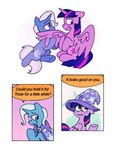 cape clothing duo female female/female hat headgear headwear horn wings wizard_hat driftwoodpony friendship_is_magic hasbro my_little_pony mythology trixie_(mlp) twilight_sparkle_(mlp) equid equine horse mammal mythological_creature mythological_equine pony unicorn winged_unicorn