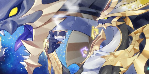 ambiguous_gender anthro armor claws cosmic_background flying gold_(metal) gold_armor group hot_beverage light_wings male multicolored_body open_mouth purple_tongue sharp_teeth space space_background teeth tongue trio yellow_eyes yanagawa_eri cygames dragalia_lost mythology nintendo chronos_(dragalia_lost) chronos_nyx dragon mythological_creature mythological_scalie scalie