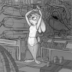 ambiguous_gender anthro arms_above_head clothed clothing detailed_background duo electronics female headgear headphones headset navel panties shirt solo_focus text topwear underwear v-cut tony_helms alien_(franchise) disney zootopia ellen_ripley judy_hopps alien lagomorph leporid mammal monster rabbit xenomorph 1:1 2016 crossover english_text hi_res monochrome