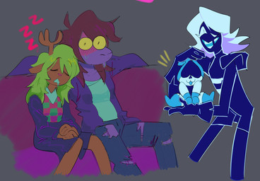 ahoge anthro antlers biped black_bottomwear black_clothing black_shirt black_skirt black_topwear blonde_hair blue_body blue_clothing blue_gloves blue_handwear blue_tongue blue_uniform blush blush_lines bodily_fluids bottomwear breasts brown_body brown_hair checkered checkered_clothing checkered_sweater checkered_topwear clothing collarbone denim denim_bottomwear denim_clothing emanata epaulet eyelashes eyes_closed female flustered furniture gloves grey_background group hair handwear head_on_shoulder holding_character horn jacket jeans male non-mammal_breasts on_sofa one_eye_closed pants pattern_clothing pattern_sweater pattern_topwear purple_body purple_clothing purple_jacket purple_topwear red_nose rounded_snout shirt side_by_side simple_background sitting sitting_on_sofa skirt sleeping sofa sound_effects sweat sweatdrop sweater sweater_vest tongue topwear torn_bottomwear torn_clothing torn_jeans torn_pants vest vowelless vowelless_sound_effect white_clothing white_eyelashes white_hair white_shirt white_topwear wide_eyed wink yellow_sclera zzz notnaruse deltarune undertale_(series) lancer_(deltarune) noelle_holiday rouxls_kaard susie_(deltarune) darkner deer humanoid mammal new_world_deer reindeer scalie 2023 absurd_res alternate_version_at_source hi_res multiple_images portrait three-quarter_portrait