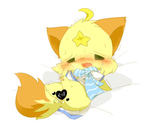bed_sheet bedding blue_scarf blush brown_body brown_fur censored_genitalia censored_vulva cheek_tuft clothed clothing facial_tuft female fur kemono orgasm scarf semi-anthro solo tuft yellow_body yellow_fur young deaic canid canine fox mammal 2016 6:5 censored