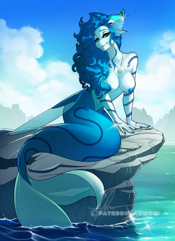 anthro blue_eyes blue_hair breasts female hair horn looking_at_viewer nipples non-mammal_breasts outside smile solo split_form aomori mythology aquatic dragon fish hybrid merfolk mythological_creature mythological_scalie scalie 2019 digital_media_(artwork)