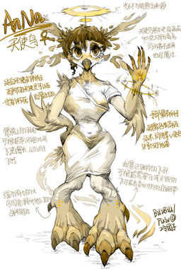 anthro big_breasts big_feet breasts brown_eyes claws feathered_wings feathers feet female fur halo huge_feet knock-kneed nails non-mammal_breasts ring solo tail white_body white_fur wide_hips wings lengtuanzi anna_(lengtuanzi) angel avian bird hi_res