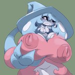 angry anthro big_breasts blue_hair blush breasts clothing female genitals hair hat headgear headwear huge_breasts nipples pussy size_difference smaller_female solo white_body white_eyes imric1251 nintendo pokemon generation_8_pokemon hatterene pokemon_(species) 1:1 hi_res