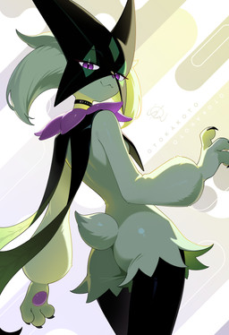 3_fingers abstract_background anthro black_body black_choker black_claws black_fur black_jewelry black_necklace breasts butt choker choker_only claws closed_smile female fingers fur green_body green_fur jewelry logo looking_at_viewer looking_back looking_back_at_viewer mouth_closed necklace necklace_only nude pawpads paws purple_body purple_eyes purple_pawpads short_tail small_breasts smile solo standing tail text white_text otokakoto nintendo pokemon generation_9_pokemon meowscarada pokemon_(species) shiny_pokemon 2025 absurd_res artist_logo artist_name hi_res signature