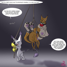 anthro areola ball_gag bdsm big_ball_gag big_breasts biped bondage bound breasts claws clothing countershade_face countershade_fur countershade_torso countershading dialogue digitigrade dominant dominant_female duo ear_tuft female fur gag gagged gloves handwear larger_sub looking_at_another nipples nude open_mouth pawpads restraints rope rope_bondage simple_background size_difference speech_bubble submissive submissive_female suspension suspension_bondage tail tail_tuft tan_body tan_fur teeth text toe_claws tongue tuft white_body white_countershading white_fur raevild bandai_namco digimon digimon_(species) gatomon hybrid meicoomon meicrackmon 1:1 2026 english_text hi_res