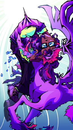 eyes_closed eyewear female feral fur glasses gore happy horn purple_body purple_fur rectangular_glasses smile wings glorioustragedykid mythology equid equine human mammal mythological_creature mythological_equine winged_unicorn 9:16 hi_res