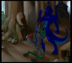 anthro anthro_on_anthro balls bdsm black_border blue_body blue_eyes blue_markings blue_penis blue_scales bodily_fluids border collar cum day dominant dominant_male duo erection forest genital_fluids genitals horn leash leash_pull male male/male markings master membrane_(anatomy) membranous_wings nude outside pawpads paws penis petplay plant roleplay scales submissive submissive_male tail tree wings earth_ookami_iram mythology canid canine dragon mammal mythological_creature mythological_scalie scalie digital_media_(artwork)