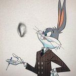 anthro clothing fur grey_body grey_fur male necktie simple_background smoke smoke_ring solo suit whiskers white_body white_fur jamie_hewlett looney_tunes warner_brothers bugs_bunny lagomorph leporid mammal rabbit 1:1