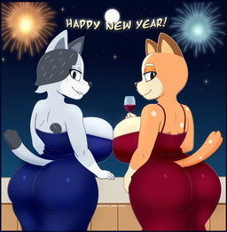 alcohol anthro beverage big_breasts big_butt black_eyes breast_squish breasts breasts_frottage butt clothing container cup curvy_figure dress drinking_glass duo family female fireworks freckles fur glass glass_container glass_cup grey_body grey_fur half-closed_eyes holding_object holidays huge_breasts looking_at_viewer looking_back markings mature_female moon multicolored_body multicolored_fur narrowed_eyes night orange_body orange_fur rear_view seductive smile spots spotted_body spotted_fur squish tail voluptuous wine wine_glass hoodie_stalker bluey_(series) new_year chilli_heeler trixie_heeler australian_cattle_dog canid canine canis cattledog domestic_dog herding_dog mammal pastoral_dog hi_res