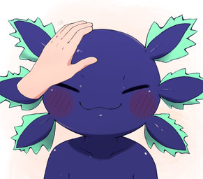 5_fingers ambiguous_gender anthro blush clothed clothing disembodied_hand duo eyes_closed fingers floating_hands happy headpat simple_background topless topless_ambiguous white_background young young_ambiguous young_anthro kochi662368621 epic_games fortnite axo_(fortnite) amphibian aquatic axolotl mole_salamander salamander 2026 japanese_description male_(lore)