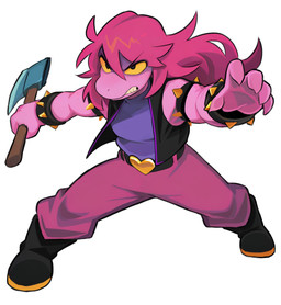 anthro axe claws clothed clothing female freckled_face freckled_shoulders freckles hair non-mammal_hair pink_body pink_hair simple_background solo spikes tomboy fawken deltarune undertale_(series) susie_(deltarune) reptile scalie digital_media_(artwork) hi_res
