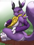 anthro big_breasts breasts brush brushing brushing_fur chest_tuft crossed_legs female fur horn looking_at_viewer nipple_piercing nipples piercing scar solo tail tuft furball bandai_namco digimon eistla canid digimon_(species) mammal renamon