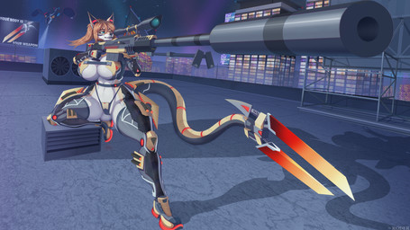 anthro armor cybernetics cyberpunk female gun machine ranged_weapon solo text weapon roder canid canine cyborg fox mammal 16:9 4k absurd_res english_text hi_res widescreen