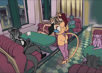 animal_genitalia animal_penis anthro becoming_erect bodily_fluids bouncing_breasts breasts cafe casual_sex clothing cum cum_in_mouth cum_inside cum_on_face cum_puddle deep_throat duo ejaculation equine_genitalia equine_penis excessive_cum excessive_genital_fluids exhibitionism fellatio female footwear genital_fluids genitals group gynomorph high_heels intersex intersex/female night oral oral_penetration penetration penile penis public public_exposure public_sex sex shoes necromancycult felid feline lynx mammal 2d_animation animated frame_by_frame