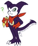 anthro banana claws eating food fruit green_eyes kerchief male neckerchief neckwear one_eye_closed plant purple_body solo spade_tail tail wink roguemorpho bandai_namco digimon digimon_(species) imp impmon