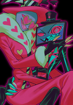 anthro clothed clothing do_not_distribute duo electronics eyewear for_a_head glasses hat headgear headwear heart_glasses male screen screen_face sharp_teeth teeth television enaic31 hazbin_hotel hellaverse valentino_(hazbin_hotel) vox_(hazbin_hotel) arthropod demon demon_humanoid humanoid insect lepidopteran moth object_head screen_head tv_head absurd_res hi_res
