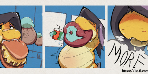 apode black_hair burger feederism female feral food force_feeding forced hair inside legless serpentine solo text yellow_body dasquished_(artist) ziti_(dasquished) draconcopode naga reptile scalie snake 2025 comic hi_res url