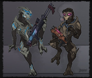 blue_eyes blush bodypaint cigarette convenient_censorship duo eyewear eyewear_on_head face_paint glowing glowing_eyes goggles goggles_on_head gun holding_gun holding_object holding_ranged_weapon holding_weapon male nude purple_eyes raised_leg ranged_weapon rifle scarf shotgun sitting smile smoke smoking sniper_rifle weapon raiyk bioware electronic_arts mass_effect caal-kain kaso_generaka alien turian